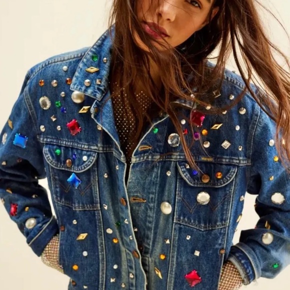 Free People x Tricia Fix Dazzled Denim Jacket Uncycle Reworked Jewels Studded - Picture 2 of 12